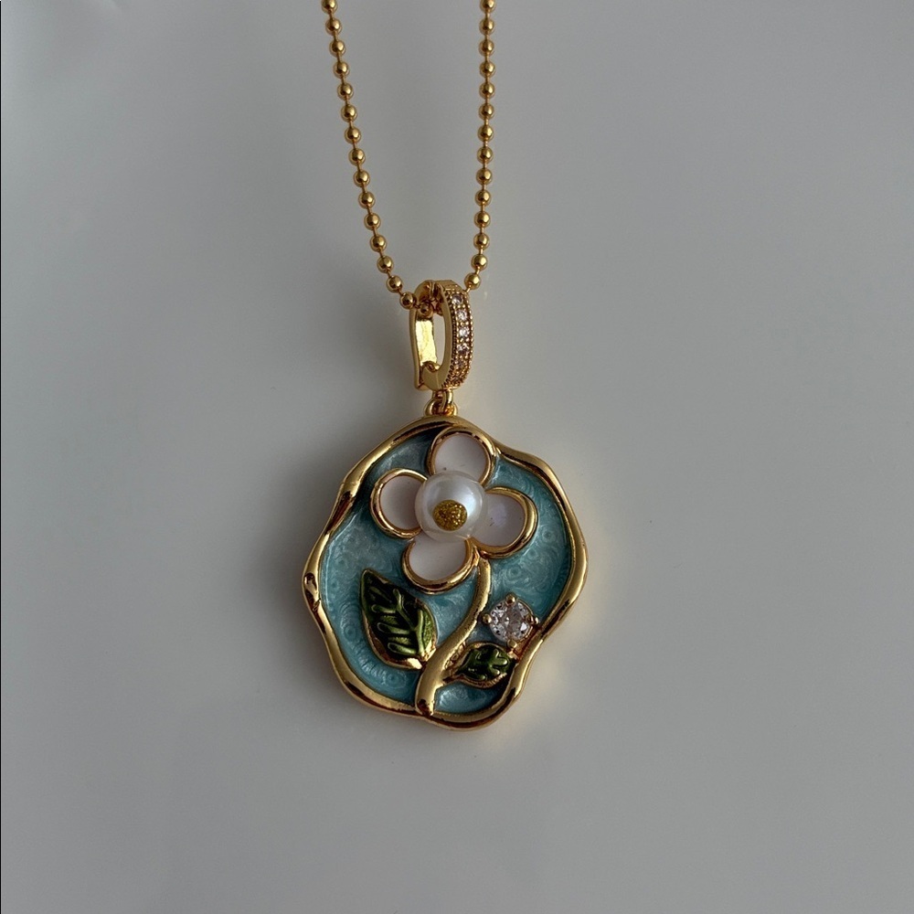 Green Enamel Flower Gold Necklace, Freshwater Pearl Necklace, Handmade Pendant